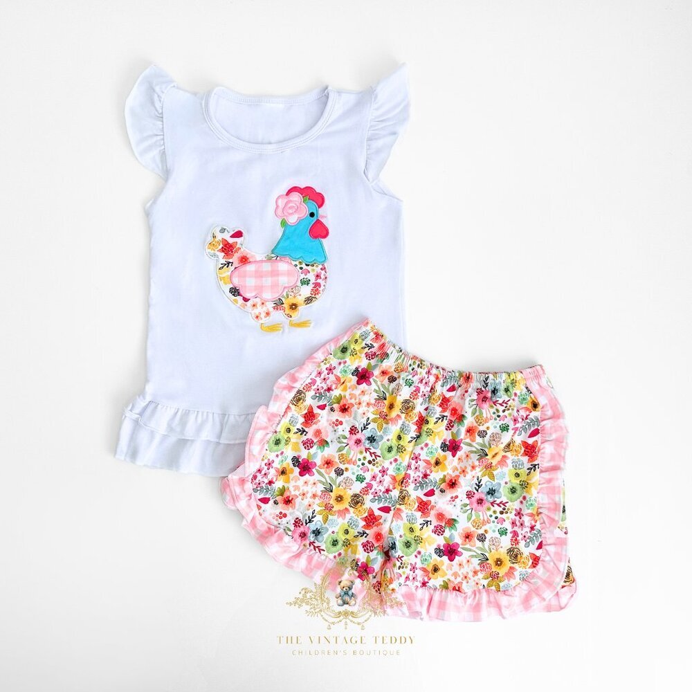 NWT Pretty Girls Top & Shorts Matching Set EmbroideryPatchwork Little Hen 10-12Y - Picture 1 of 3